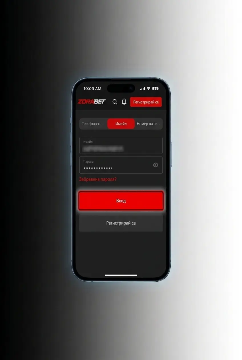 Екран на смартфон, показващ менюто за теглене на пари от приложението на ZoraBet.